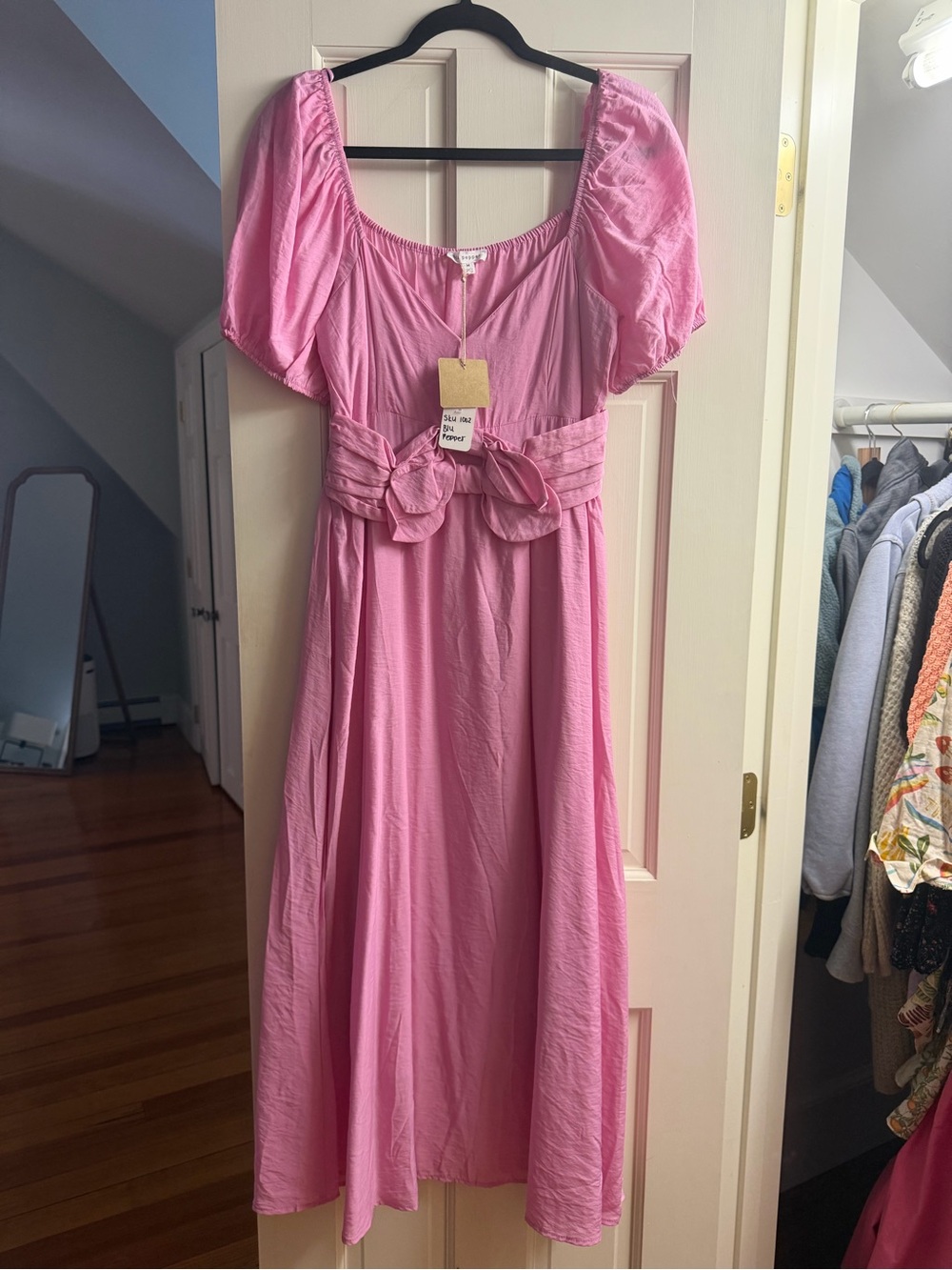 Blu Pepper Pink Puff-Sleeve Midi Dress with Waist Tie